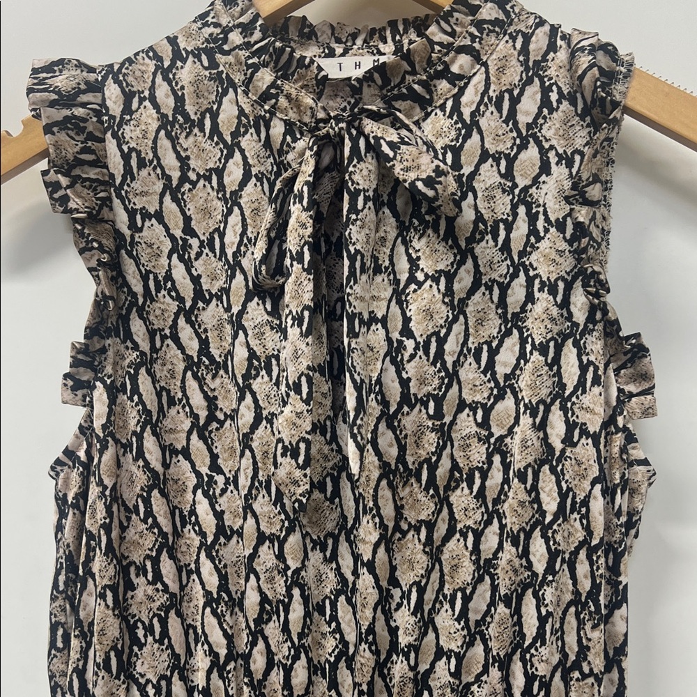 THML Maxi Dress, Snakeskin, Ruffle Tie Neck, Tiered, Sleeveless w/Ruffle, XS - Picture 3 of 9